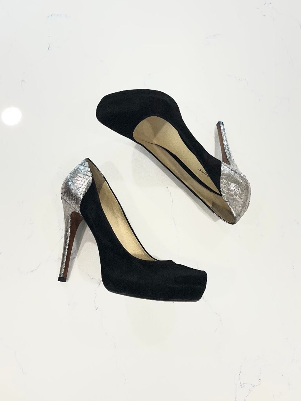 ALEXANDRE BIRMAN BLACK SUEDE & GUNMETAL PYTHON PUMPS SZ 9